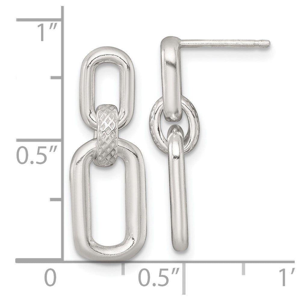 QE18014 Sterling Silver Polished and Textured Fancy Rectangular Link Dangle Post Earrings