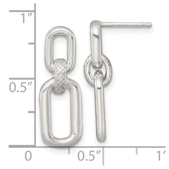 QE18014 Sterling Silver Polished and Textured Fancy Rectangular Link Dangle Post Earrings