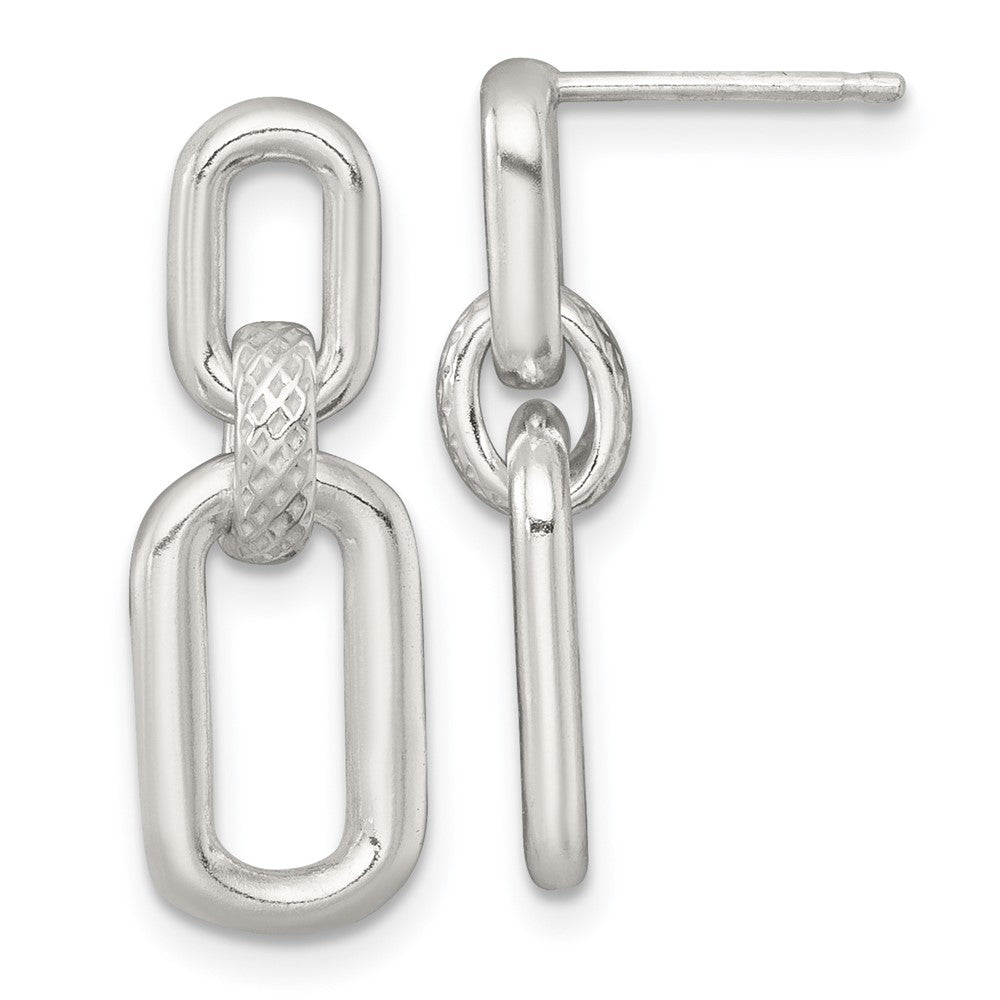 QE18014 Sterling Silver Polished and Textured Fancy Rectangular Link Dangle Post Earrings