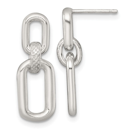QE18014 Sterling Silver Polished and Textured Fancy Rectangular Link Dangle Post Earrings
