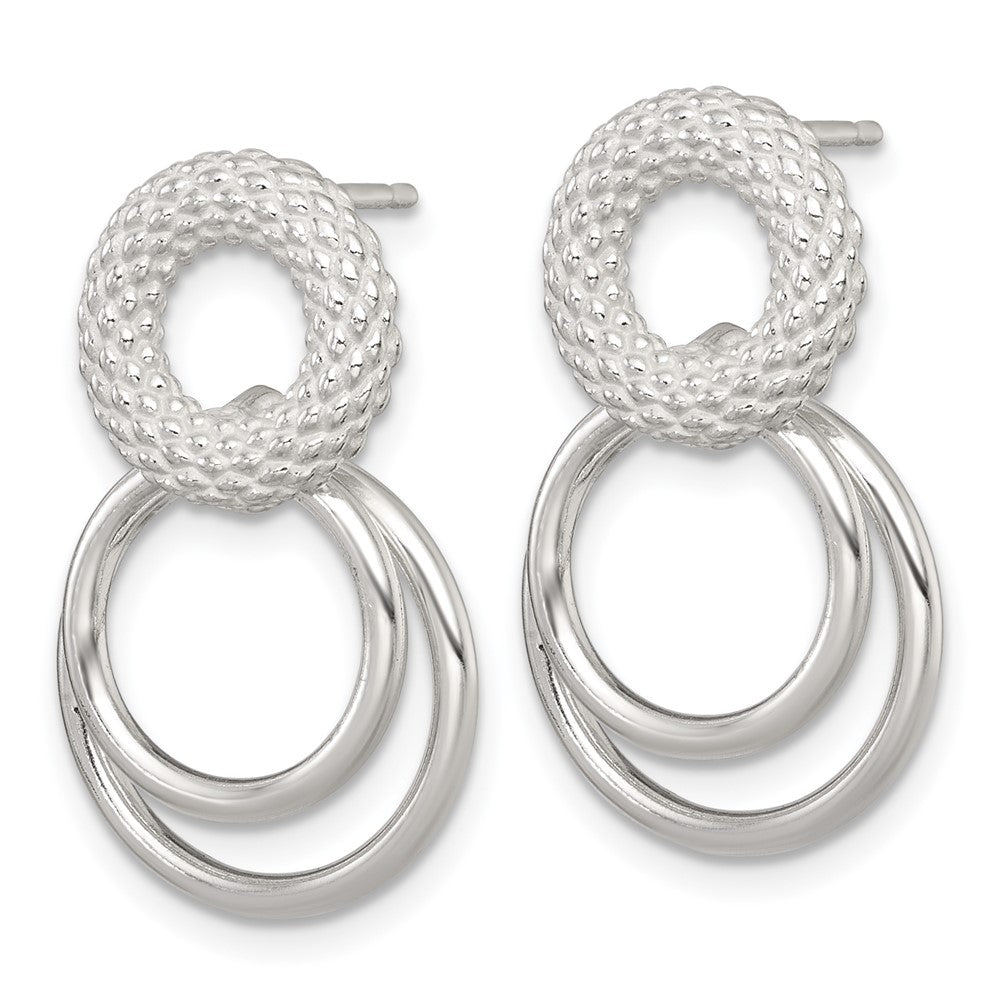 QE18015 Sterling Silver Polished and Textured Double Circle Dangle Post Earrings