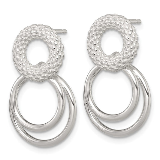 QE18015 Sterling Silver Polished and Textured Double Circle Dangle Post Earrings