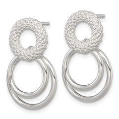 QE18015 Sterling Silver Polished and Textured Double Circle Dangle Post Earrings