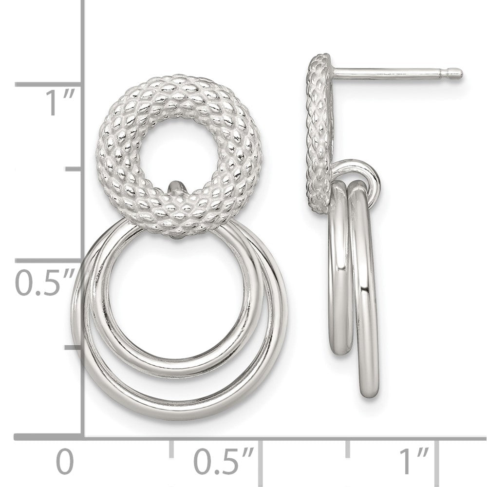QE18015 Sterling Silver Polished and Textured Double Circle Dangle Post Earrings