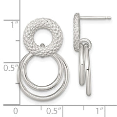 QE18015 Sterling Silver Polished and Textured Double Circle Dangle Post Earrings