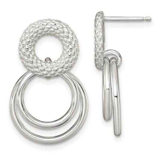 QE18015 Sterling Silver Polished and Textured Double Circle Dangle Post Earrings