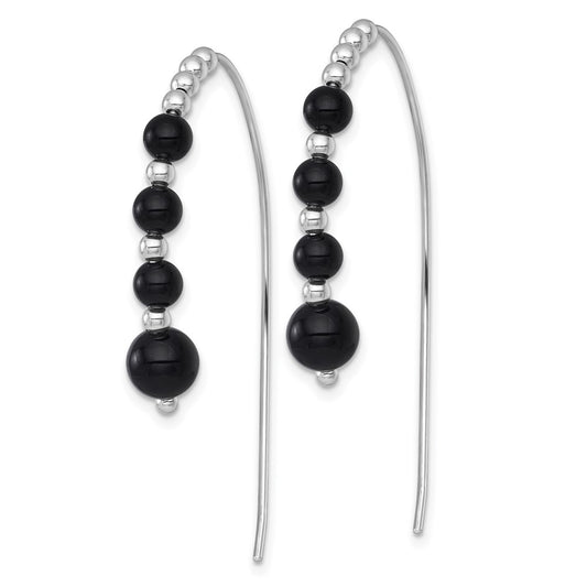 QE18017 Sterling Silver Rhodium-plated Polished Graduated Onyx Beaded Threader Earrings