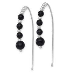 QE18017 Sterling Silver Rhodium-plated Polished Graduated Onyx Beaded Threader Earrings