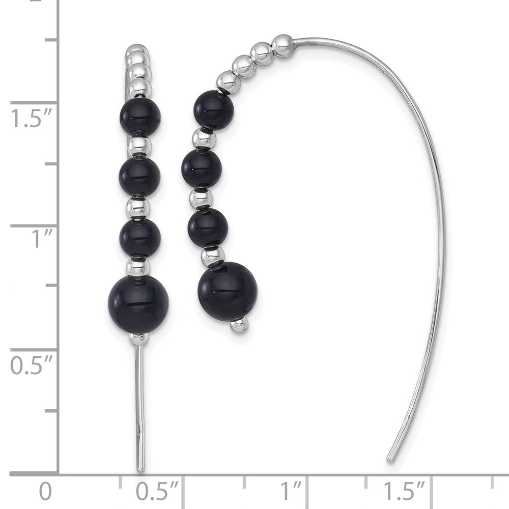QE18017 Sterling Silver Rhodium-plated Polished Graduated Onyx Beaded Threader Earrings