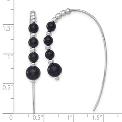 QE18017 Sterling Silver Rhodium-plated Polished Graduated Onyx Beaded Threader Earrings