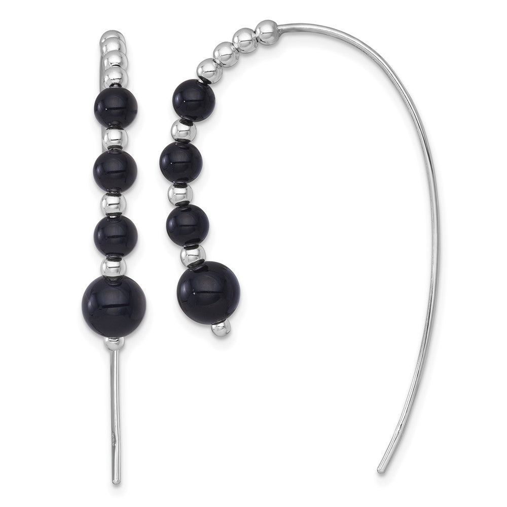QE18017 Sterling Silver Rhodium-plated Polished Graduated Onyx Beaded Threader Earrings