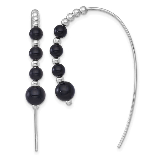 QE18017 Sterling Silver Rhodium-plated Polished Graduated Onyx Beaded Threader Earrings
