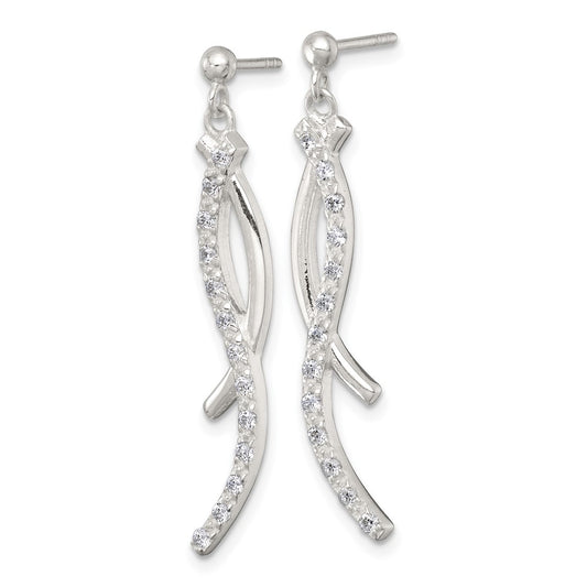 QE18022 Sterling Silver Polished Fancy CZ Swirl Post Dangle Earrings