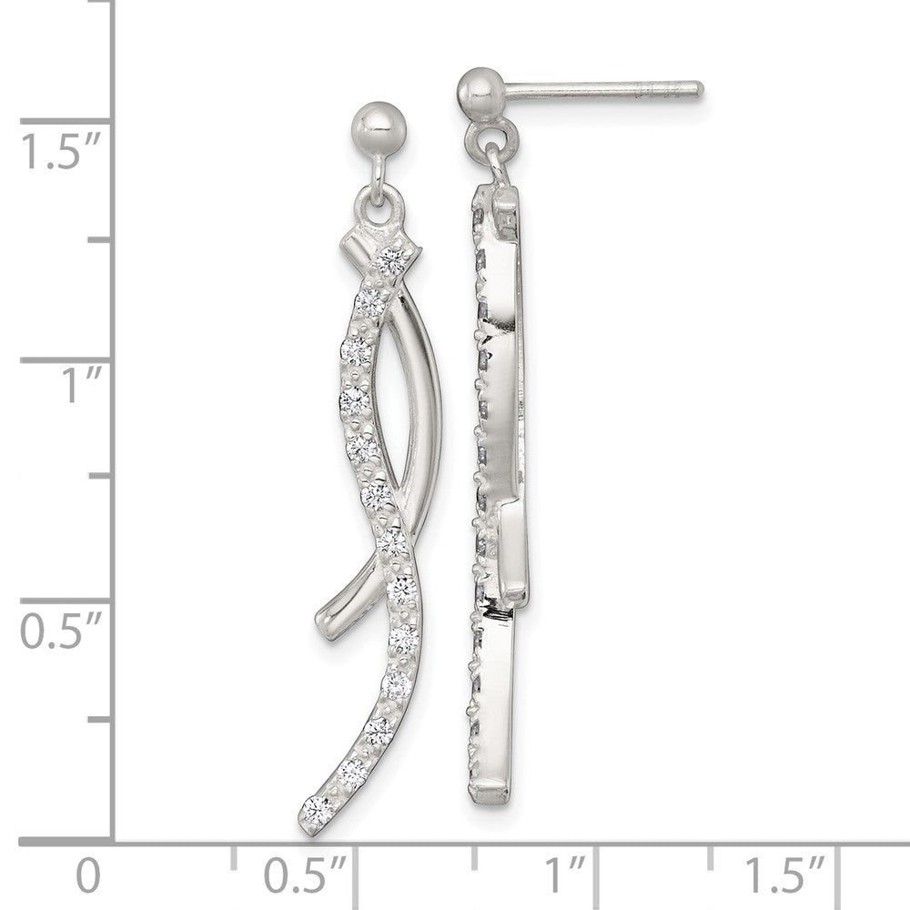 QE18022 Sterling Silver Polished Fancy CZ Swirl Post Dangle Earrings