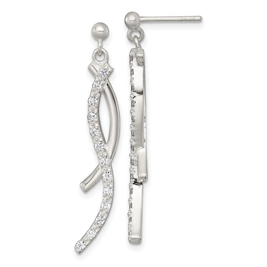 QE18022 Sterling Silver Polished Fancy CZ Swirl Post Dangle Earrings