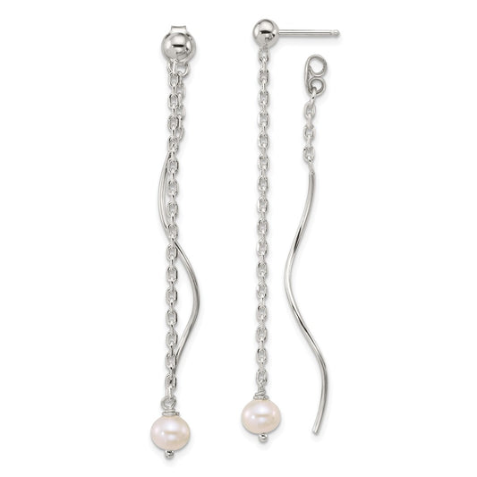 QE18023 Sterling Silver Polished Fancy Freshwater Cultured Pearl on Chain and Twist Dangle Post Earrings
