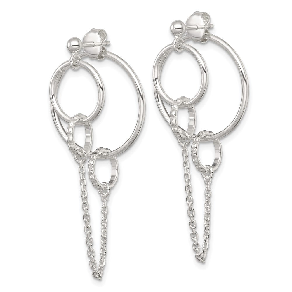 QE18024 Sterling Silver Polished and Textured Multi Circle and Chain Dangle Post Earrings