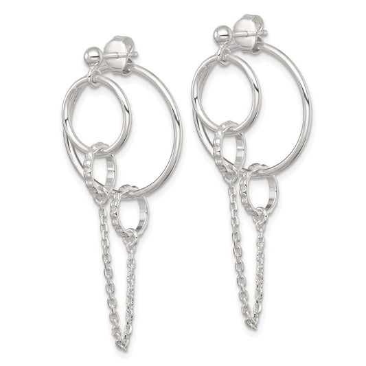 QE18024 Sterling Silver Polished and Textured Multi Circle and Chain Dangle Post Earrings