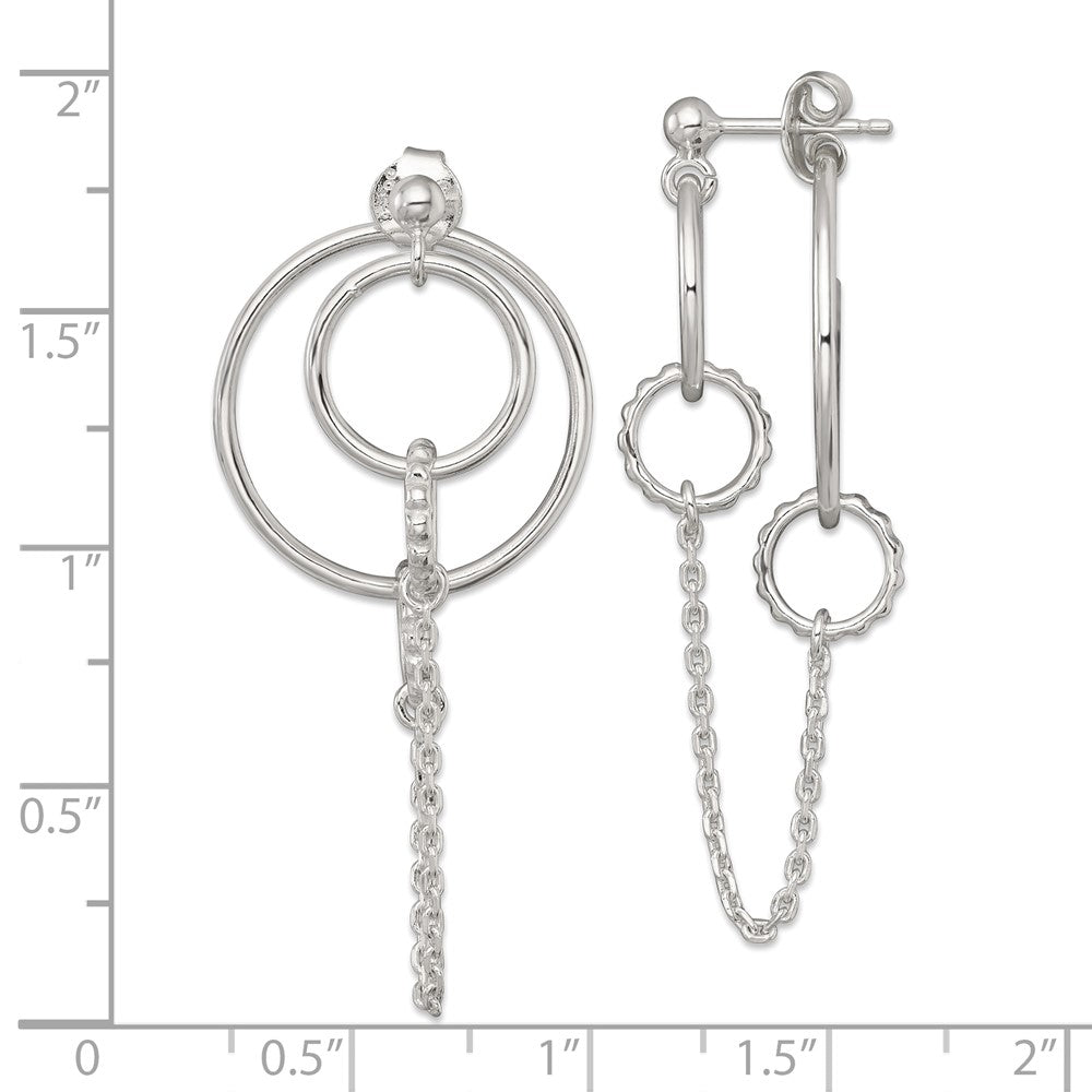 QE18024 Sterling Silver Polished and Textured Multi Circle and Chain Dangle Post Earrings
