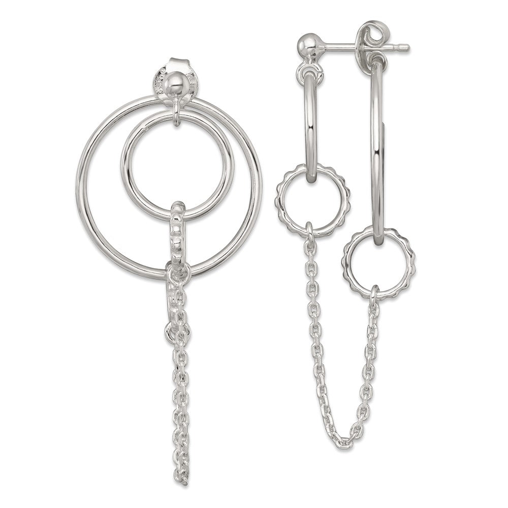 QE18024 Sterling Silver Polished and Textured Multi Circle and Chain Dangle Post Earrings