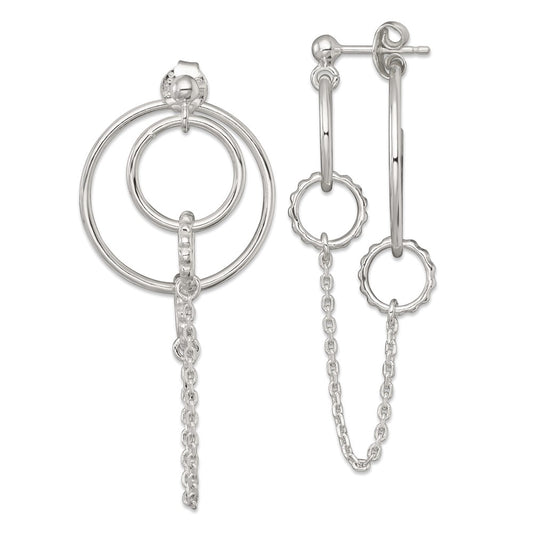 QE18024 Sterling Silver Polished and Textured Multi Circle and Chain Dangle Post Earrings
