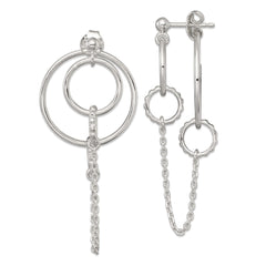 QE18024 Sterling Silver Polished and Textured Multi Circle and Chain Dangle Post Earrings