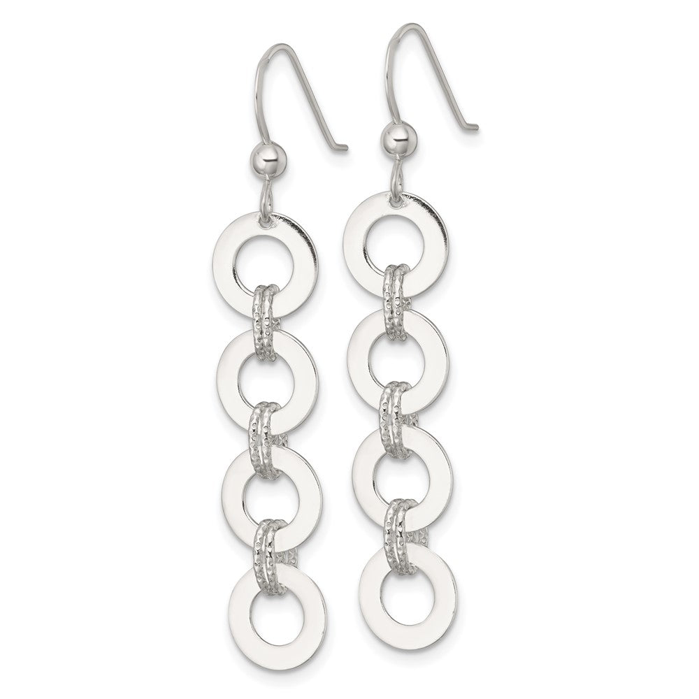 QE18025 Sterling Silver Polished and Textured Four Circles Dangle Shepherd Hook Earrings
