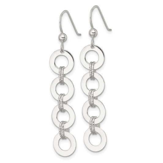 QE18025 Sterling Silver Polished and Textured Four Circles Dangle Shepherd Hook Earrings