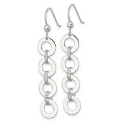 QE18025 Sterling Silver Polished and Textured Four Circles Dangle Shepherd Hook Earrings