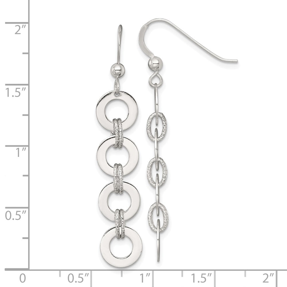 QE18025 Sterling Silver Polished and Textured Four Circles Dangle Shepherd Hook Earrings
