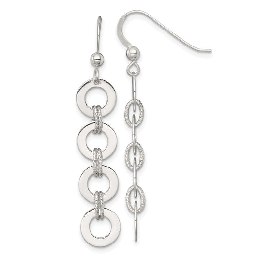 QE18025 Sterling Silver Polished and Textured Four Circles Dangle Shepherd Hook Earrings