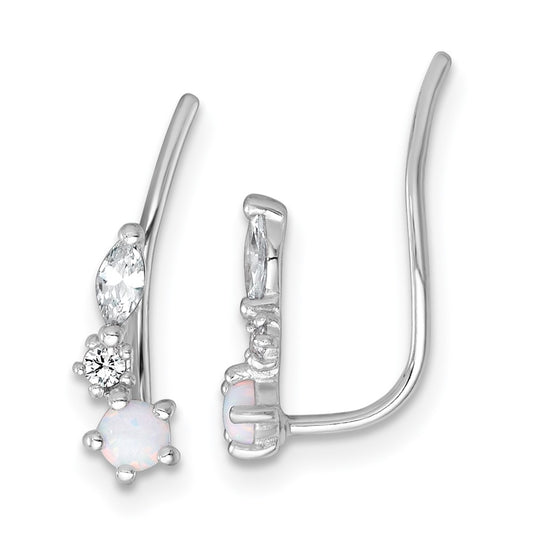 QE18026 Sterling Silver Rhodium-plated Polished CZ and Lab Created Opal Ear Climber Earrings