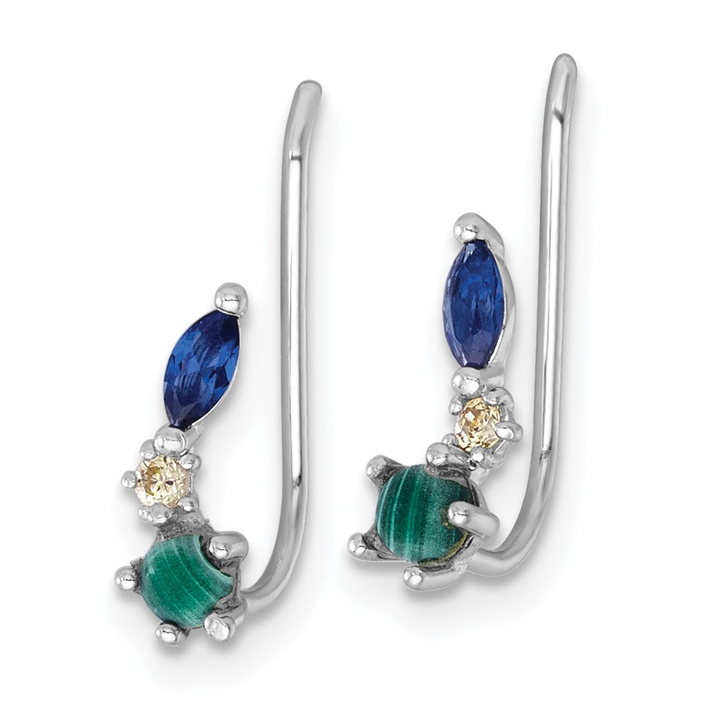 QE18027 Sterling Silver Rhodium-plated CZ Malachite and Nano Crystal Ear Climber Earrings