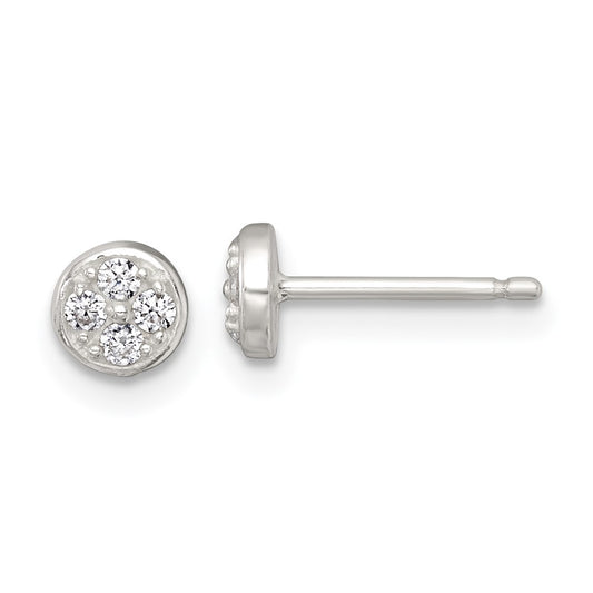 QE18042 Sterling Silver Polished White CZ Cluster 5.00mm Circle Post Earrings