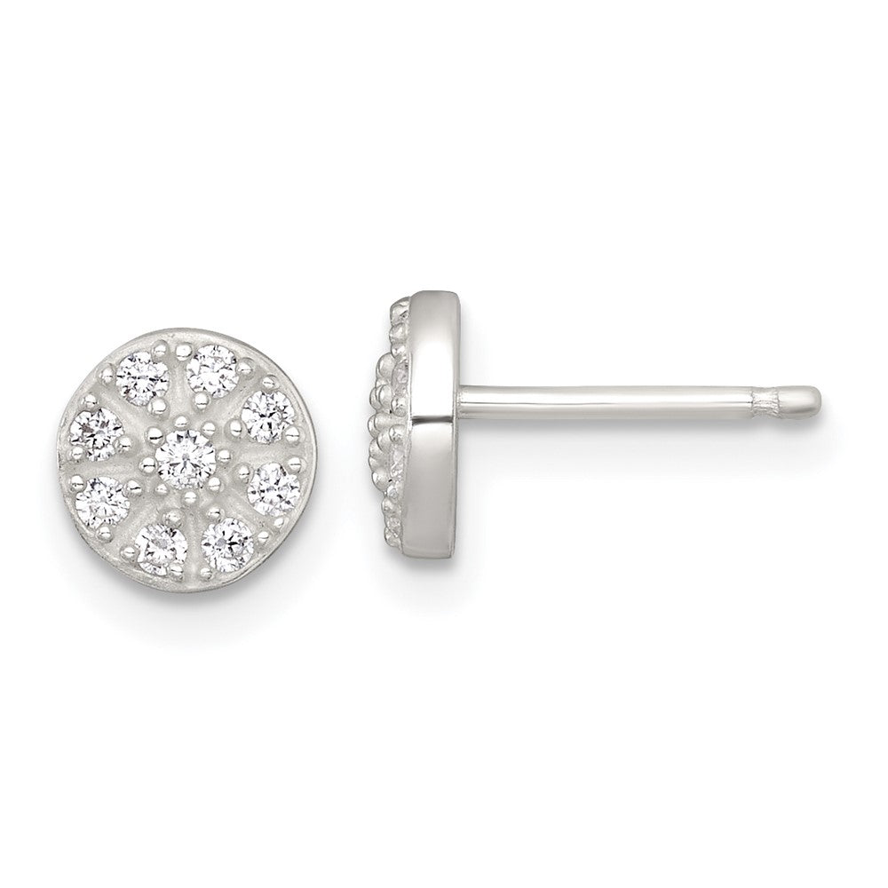 QE18043 Sterling Silver Polished White CZ Cluster 7.00mm Circle Post Earrings