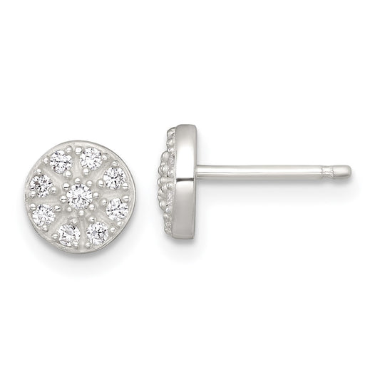 QE18043 Sterling Silver Polished White CZ Cluster 7.00mm Circle Post Earrings