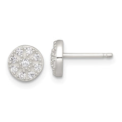 QE18043 Sterling Silver Polished White CZ Cluster 7.00mm Circle Post Earrings