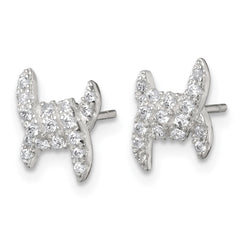 QE18046 Sterling Silver Polished Fancy Ribbon CZ Post Earrings