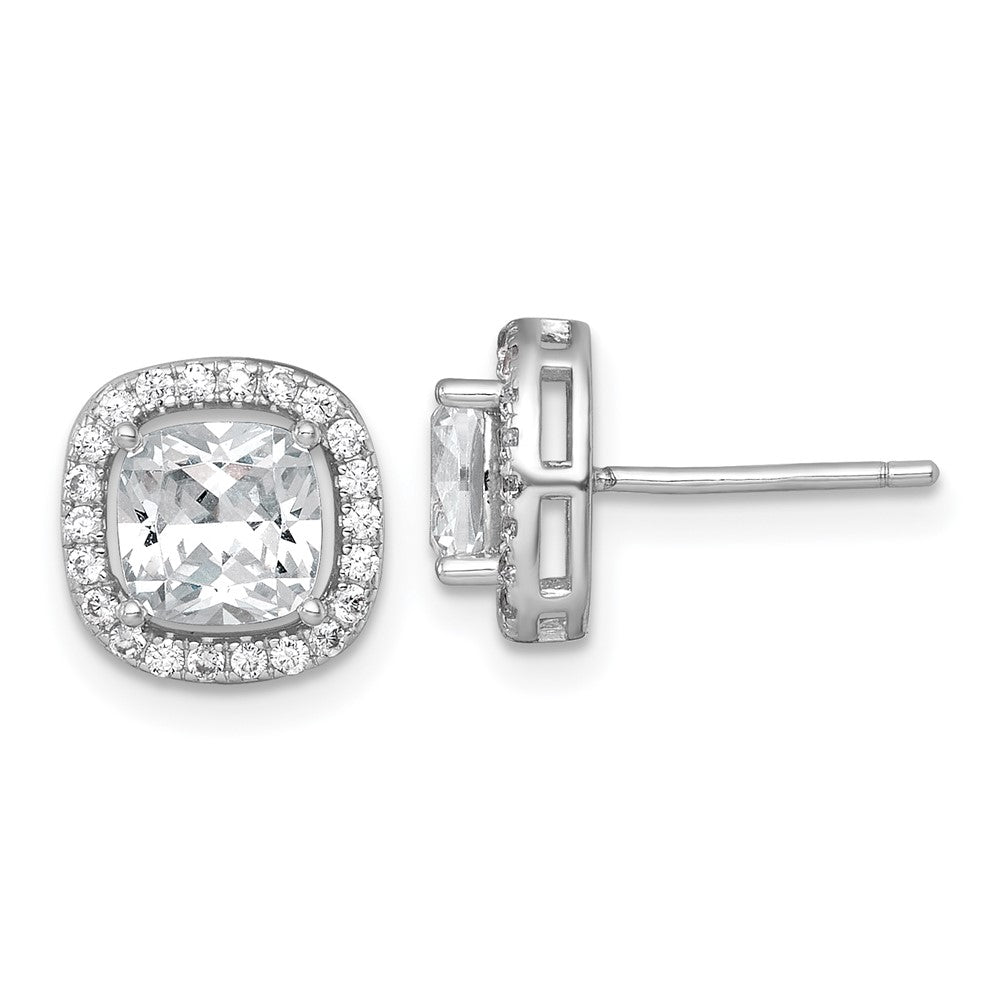 QE18047 Sterling Silver Rhodium-plated Polished 10.0mm Cushion CZ Halo Post Earrings