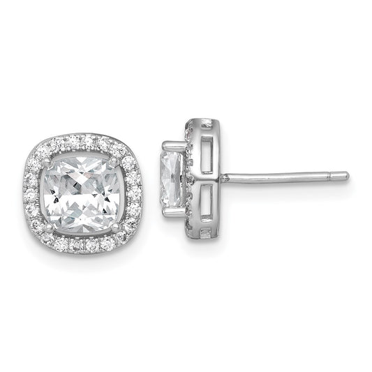 QE18047 Sterling Silver Rhodium-plated Polished 10.0mm Cushion CZ Halo Post Earrings