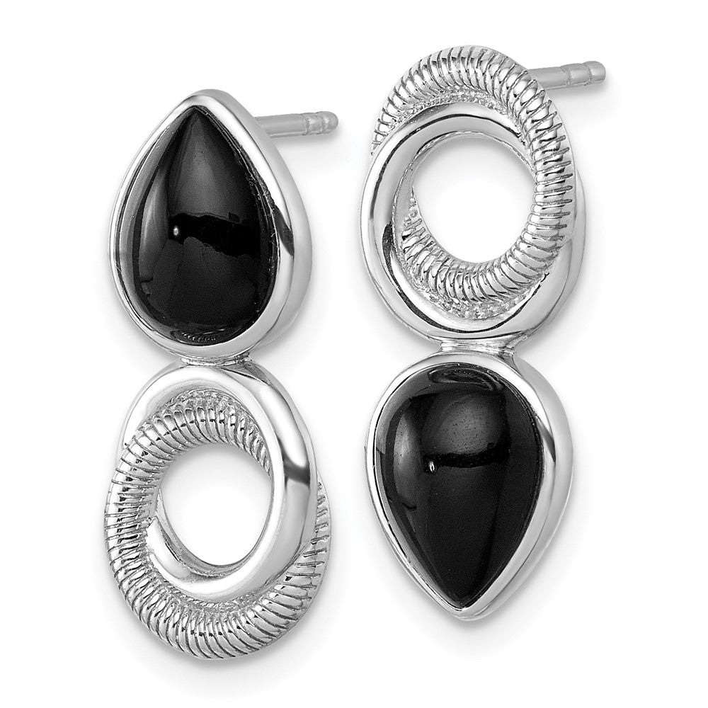 QE18049 Sterling Silver Rhodium-plated Polished Black Agate Teardrop and Circle Mis-Matched Post Earrings