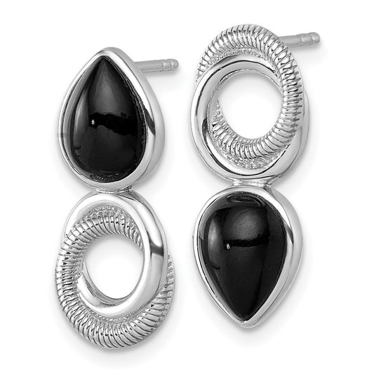 QE18049 Sterling Silver Rhodium-plated Polished Black Agate Teardrop and Circle Mis-Matched Post Earrings
