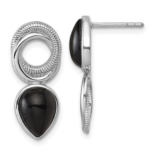 QE18049 Sterling Silver Rhodium-plated Polished Black Agate Teardrop and Circle Mis-Matched Post Earrings