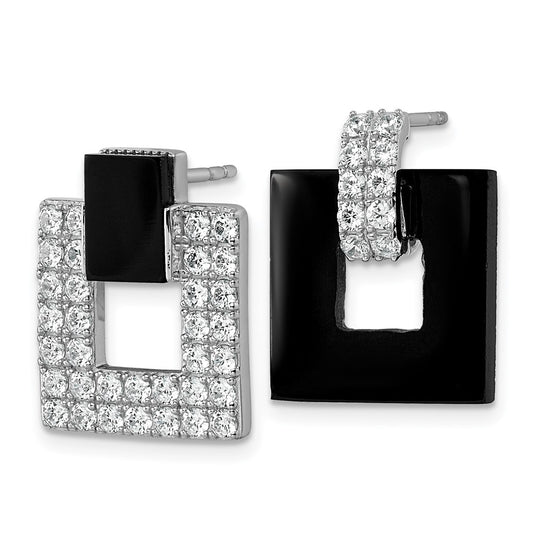 QE18050 Sterling Silver Rhodium-plated Polished CZ  and Black Agate Square Dangle Mis-Matched Post Earrings