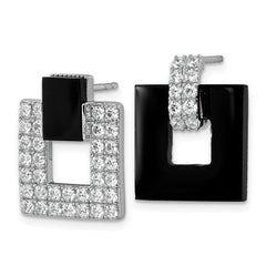 QE18050 Sterling Silver Rhodium-plated Polished CZ  and Black Agate Square Dangle Mis-Matched Post Earrings