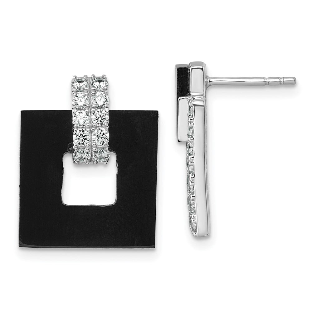 QE18050 Sterling Silver Rhodium-plated Polished CZ  and Black Agate Square Dangle Mis-Matched Post Earrings