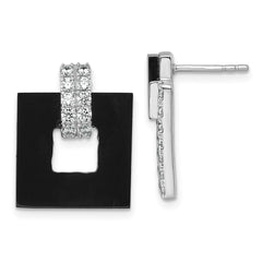 QE18050 Sterling Silver Rhodium-plated Polished CZ  and Black Agate Square Dangle Mis-Matched Post Earrings