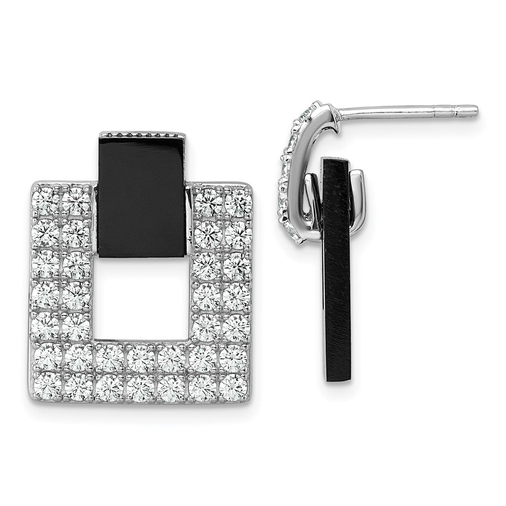 QE18050 Sterling Silver Rhodium-plated Polished CZ  and Black Agate Square Dangle Mis-Matched Post Earrings