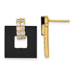 QE18050GP Sterling Silver Gold-tone Polished CZ and Black Agate Square Dangle Mis-Matched Post Earrings