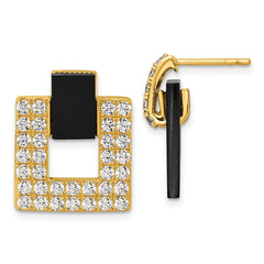 QE18050GP Sterling Silver Gold-tone Polished CZ and Black Agate Square Dangle Mis-Matched Post Earrings